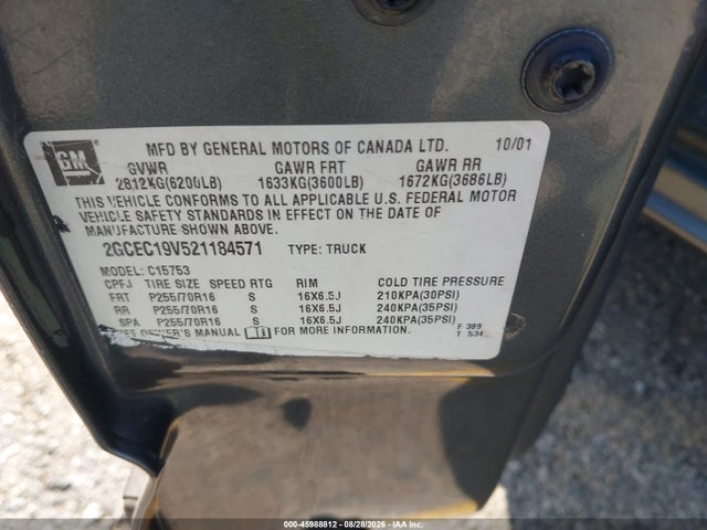 45988812 :رقم المزاد ، 2GCEC19V521184571 vin ، 2002 Chevrolet Silverado 1500 Ls مزاد بيع