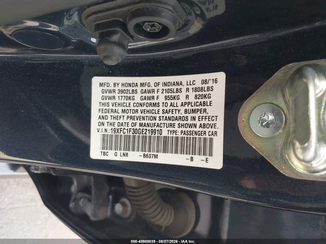 2016 Honda Civic Ex-t მანქანა იყიდება აუქციონზე, vin: 19XFC1F30GE219910, აუქციონის ნომერი: 45988839