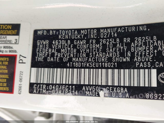Aukcja sprzedaży 2014 Toyota Camry Hybrid Xle, vin: 4T1BD1FK5EU118021, numer aukcji: 45988840