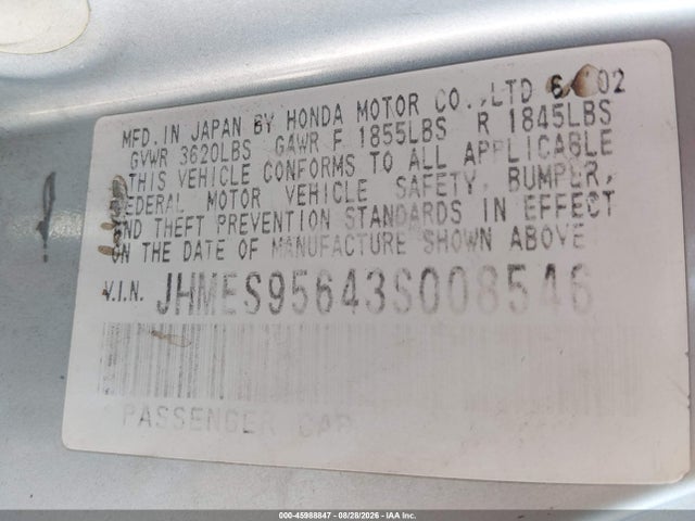 Продаж на аукціоні авто 2003 Honda Civic Hybrid, vin: JHMES95643S008546, номер лоту: 45988847