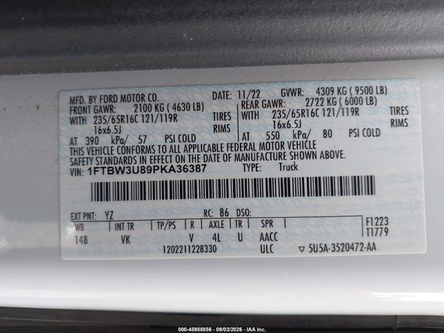 Aukcja sprzedaży 2023 Ford Transit-350 Cargo Van, vin: 1FTBW3U89PKA36387, numer aukcji: 45988856