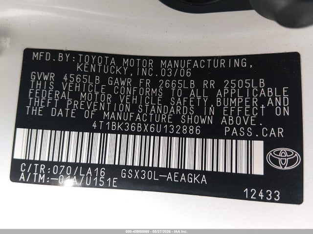 Aukcja sprzedaży 2006 Toyota Avalon Xls, vin: 4T1BK36BX6U132886, numer aukcji: 45988868