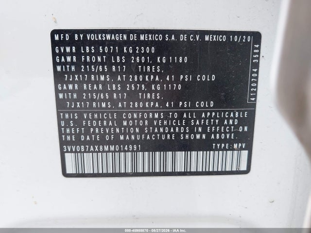 Продажа на аукционе авто 2021 Volkswagen Tiguan 2.0t S, vin: 3VV0B7AX8MM014991, номер лота: 45988870