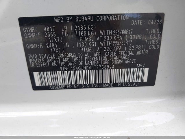 2026 Subaru Crosstrek Premium მანქანა იყიდება აუქციონზე, vin: 4S4GUHD60T3766924, აუქციონის ნომერი: 45988804