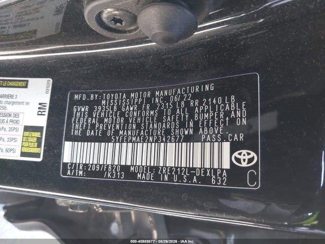 Toyota COROLLA LE 2022 5YFEPMAE2NP342677 Image 9