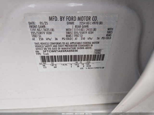 Продаж на аукціоні авто 2025 Ford Maverick Lobo Standard, vin: 3FTCW8TA8SRA95036, номер лоту: 45988893
