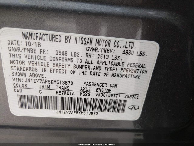 2019 Infiniti Q50 3.0t Luxe მანქანა იყიდება აუქციონზე, vin: JN1EV7AP5KM513870, აუქციონის ნომერი: 45988907