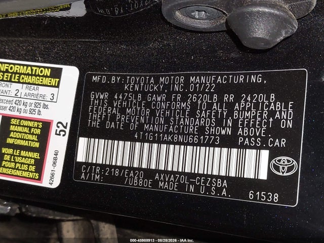 2022 Toyota Camry Se მანქანა იყიდება აუქციონზე, vin: 4T1G11AK8NU661773, აუქციონის ნომერი: 45988913