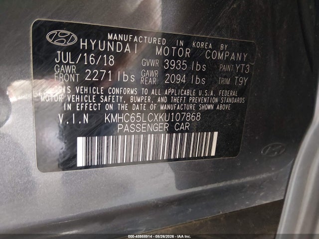 Продажа на аукционе авто 2019 Hyundai Ioniq Hybrid Blue, vin: KMHC65LCXKU107868, номер лота: 45988914
