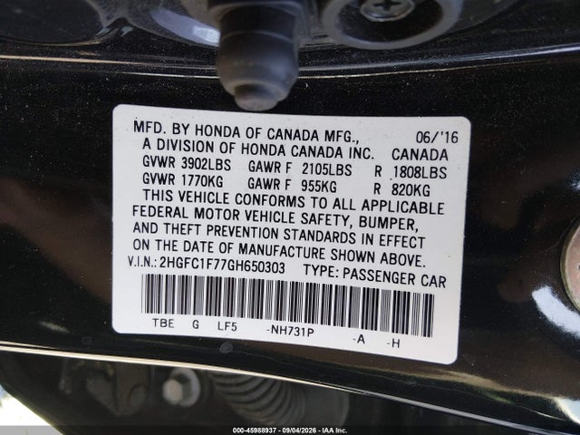 Продаж на аукціоні авто 2016 Honda Civic Ex-l, vin: 2HGFC1F77GH650303, номер лоту: 45988937