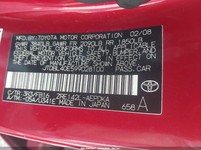 2009 Toyota Corolla Le მანქანა იყიდება აუქციონზე, vin: JTDBL40E599028100, აუქციონის ნომერი: 45988947