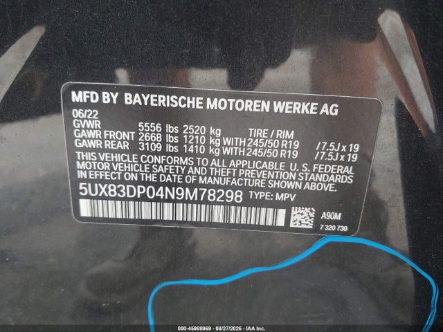 45988969 :رقم المزاد ، 5UX83DP04N9M78298 vin ، 2022 Bmw X3 M40i مزاد بيع