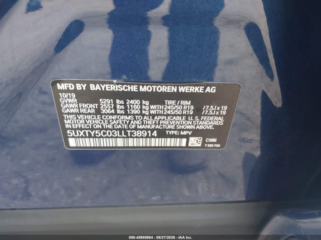 BMW X3 Xdrive30i 2020 5UXTY5C03LLT38914 Image 9