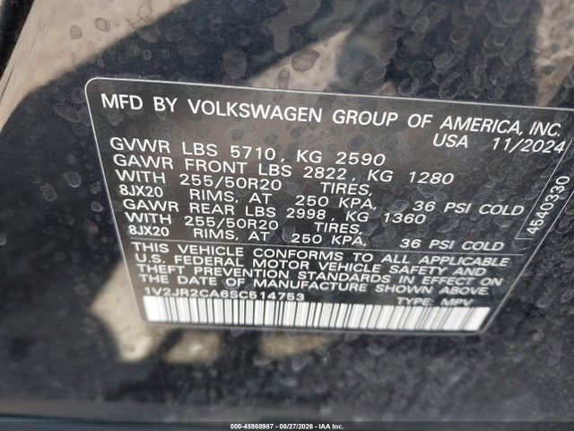 45988987 :رقم المزاد ، 1V2JR2CA6SC514753 vin ، 2025 Volkswagen Atlas 2.0t Se W/technology مزاد بيع