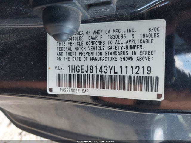 Aukcja sprzedaży 2000 Honda Civic Ex, vin: 1HGEJ8143YL111219, numer aukcji: 45988988