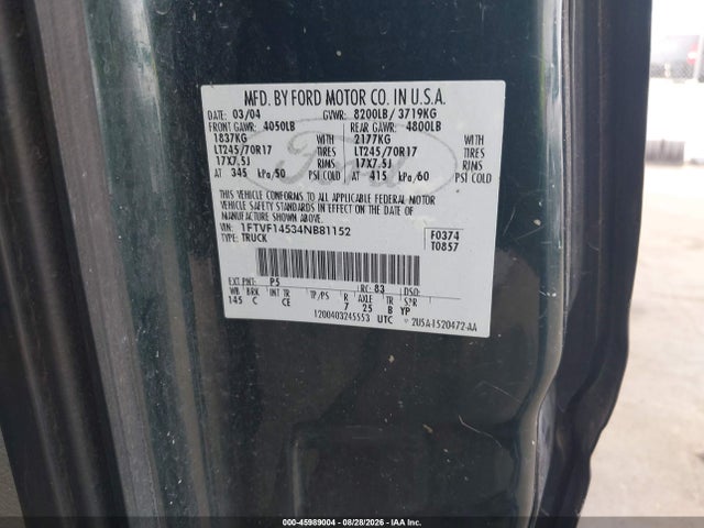 45989004 :رقم المزاد ، 1FTVF14534NB81152 vin ، 2004 Ford F-150 Xl/xlt مزاد بيع