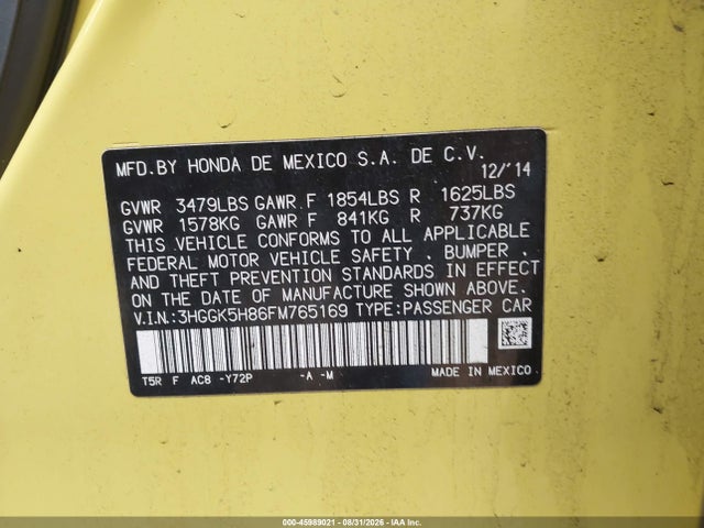 Продаж на аукціоні авто 2015 Honda Fit Ex/ex-l, vin: 3HGGK5H86FM765169, номер лоту: 45989021
