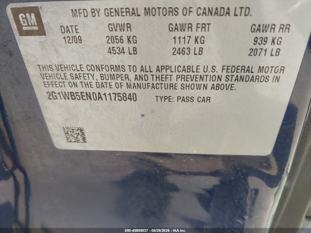 2010 Chevrolet Impala Lt მანქანა იყიდება აუქციონზე, vin: 2G1WB5EN0A1175840, აუქციონის ნომერი: 45989037