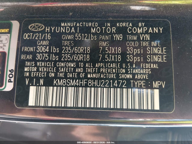 Продаж на аукціоні авто 2017 Hyundai Santa Fe Se, vin: KM8SM4HF8HU221472, номер лоту: 45989050