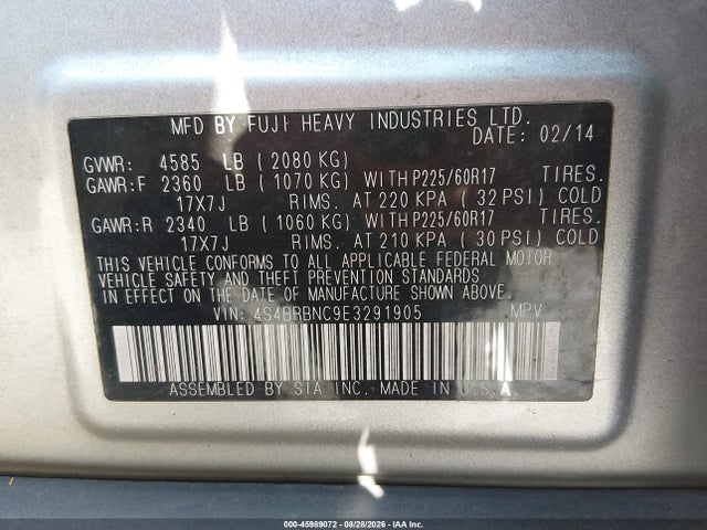 Subaru Outback 2.5i Limited 2014 4S4BRBNC9E3291905 Image 9
