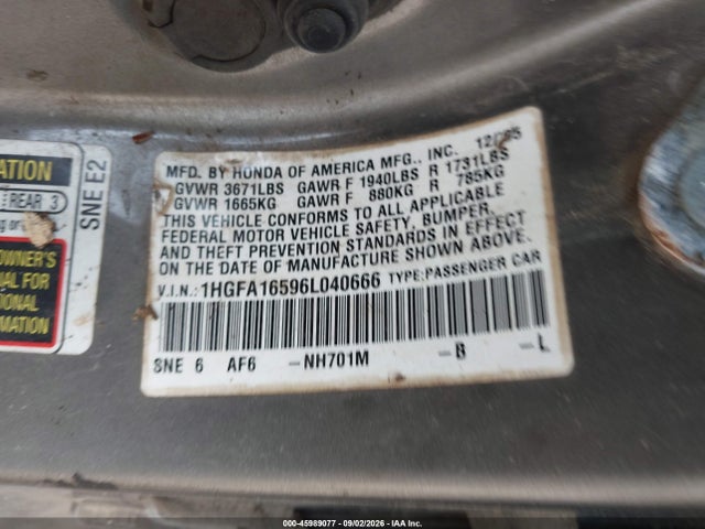 2006 Honda Civic Lx მანქანა იყიდება აუქციონზე, vin: 1HGFA16596L040666, აუქციონის ნომერი: 45989077