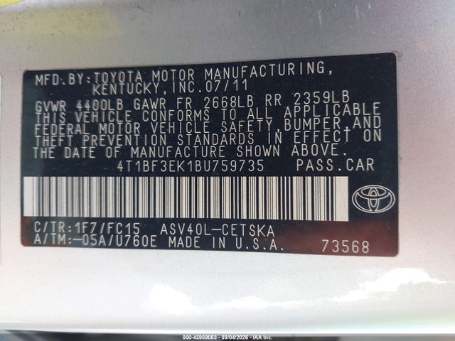 2011 Toyota Camry Se მანქანა იყიდება აუქციონზე, vin: 4T1BF3EK1BU759735, აუქციონის ნომერი: 45989083