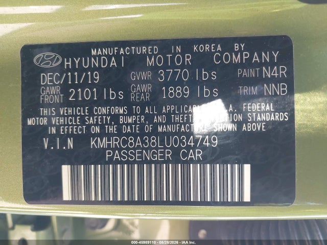 2020 Hyundai Venue Sel მანქანა იყიდება აუქციონზე, vin: KMHRC8A38LU034749, აუქციონის ნომერი: 45989110