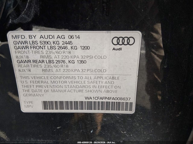 Продажа на аукционе авто 2015 Audi Q5 2.0t Premium, vin: WA1CFAFP4FA008637, номер лота: 45989126