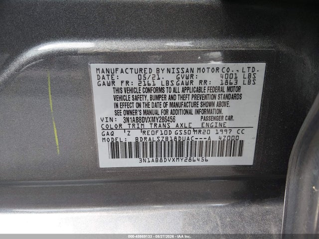 45989133 :رقم المزاد ، 3N1AB8DVXMY286456 vin ، 2021 Nissan Sentra Sr Xtronic Cvt مزاد بيع