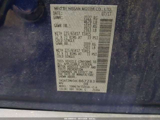 2017 Nissan Rogue Sv მანქანა იყიდება აუქციონზე, vin: 5N1AT2MV5HC867283, აუქციონის ნომერი: 45989143
