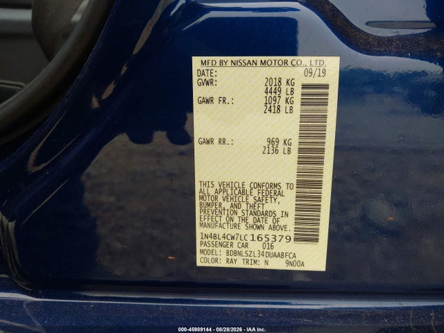 45989144 :رقم المزاد ، 1N4BL4CW7LC165379 vin ، 2020 Nissan Altima Sr Intelligent Awd مزاد بيع