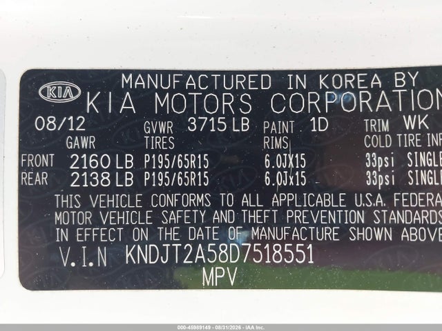 45989149 :رقم المزاد ، KNDJT2A58D7518551 vin ، 2013 Kia Soul مزاد بيع