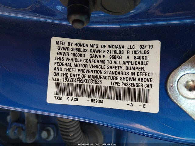 45989150 :رقم المزاد ، 19XZE4F59KE031535 vin ، 2019 Honda Insight Ex مزاد بيع