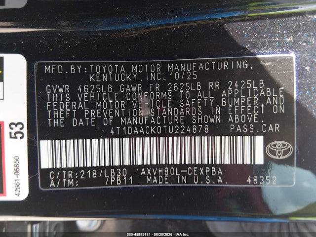 Продаж на аукціоні авто 2026 Toyota Camry Xse, vin: 4T1DAACK0TU224878, номер лоту: 45989181