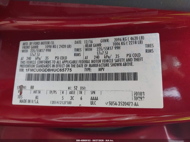 2017 Ford Escape Se მანქანა იყიდება აუქციონზე, vin: 1FMCU0GD8HUC65775, აუქციონის ნომერი: 45989183