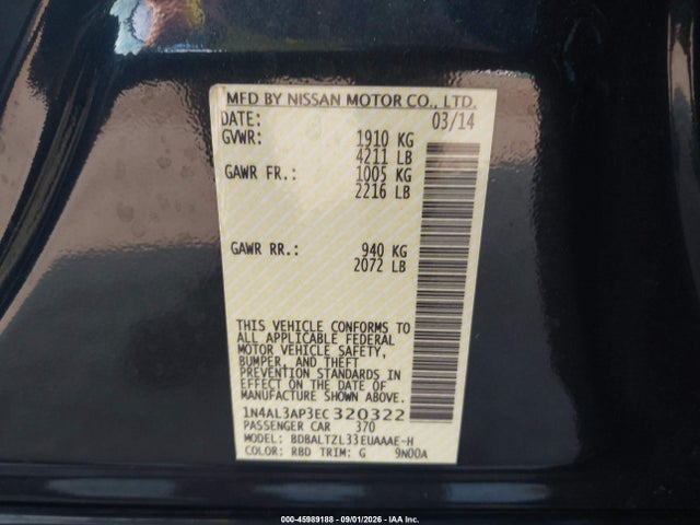 Продаж на аукціоні авто 2014 Nissan Altima 2.5 Sv, vin: 1N4AL3AP3EC320322, номер лоту: 45989188