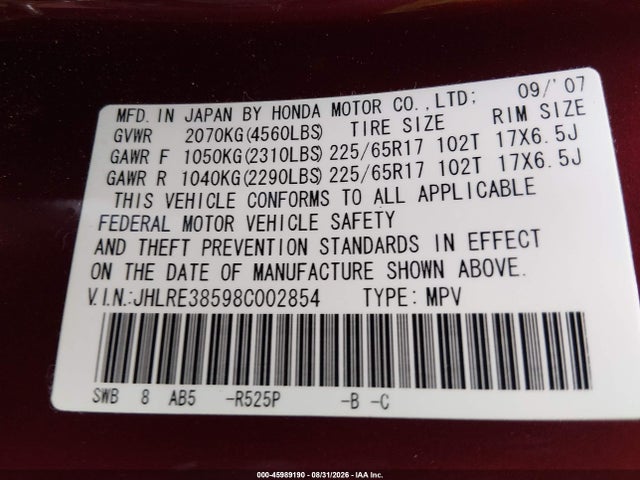 Aukcja sprzedaży 2008 Honda Cr-v Ex, vin: JHLRE38598C002854, numer aukcji: 45989190