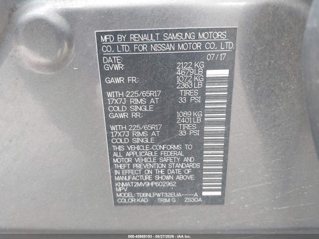45989193 :رقم المزاد ، KNMAT2MV9HP602962 vin ، 2017 Nissan Rogue S مزاد بيع