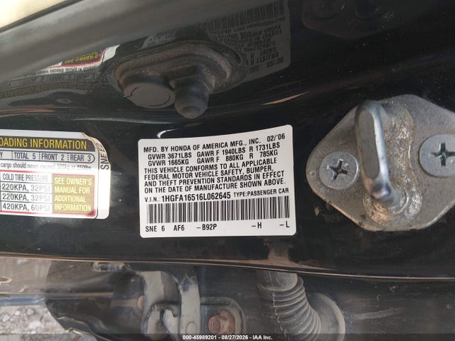 Aukcja sprzedaży 2006 Honda Civic Lx, vin: 1HGFA16516L062645, numer aukcji: 45989201