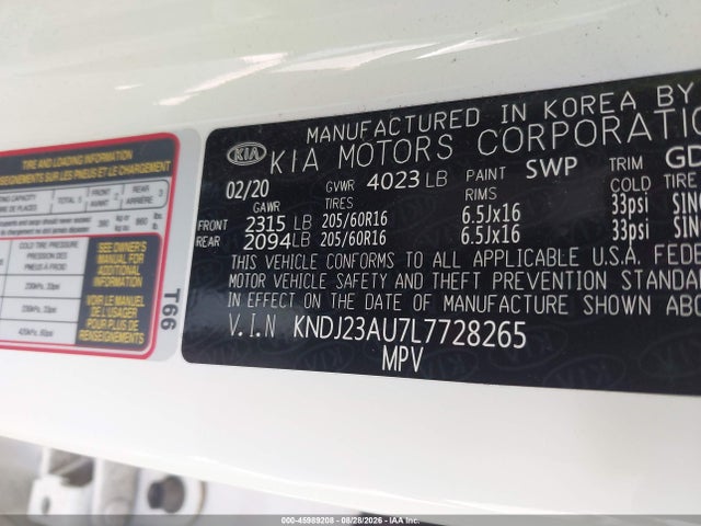 2020 Kia Soul Lx მანქანა იყიდება აუქციონზე, vin: KNDJ23AU7L7728265, აუქციონის ნომერი: 45989208