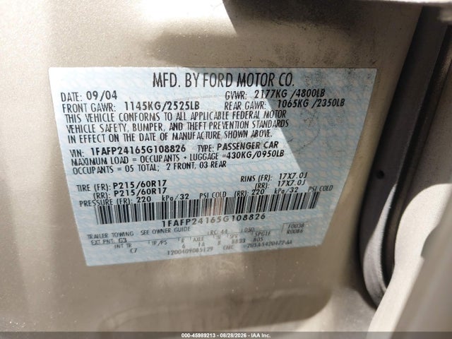 Auction sale of the 2005 Ford Five Hundred Sel, vin: 1FAFP24165G108826, lot number: 45989213