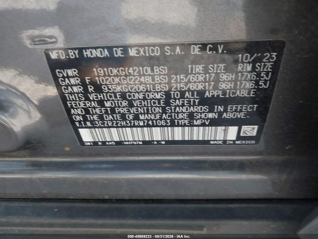45989223 :رقم المزاد ، 3CZRZ2H37RM741063 vin ، 2024 Honda Hr-v Awd Lx مزاد بيع