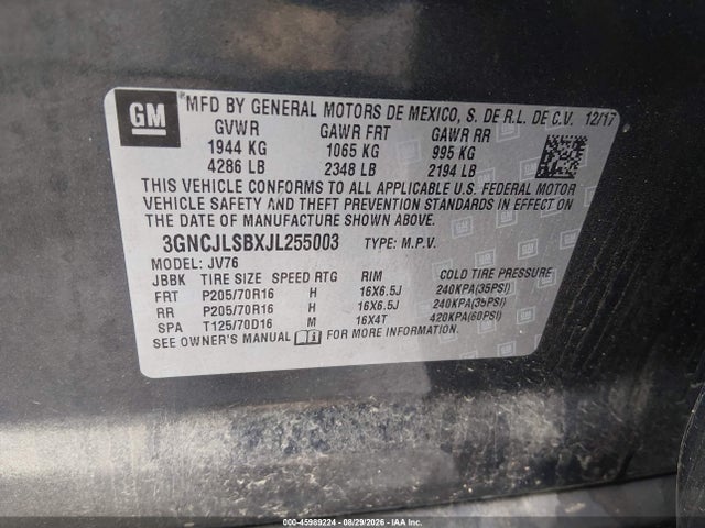 45989224 :رقم المزاد ، 3GNCJLSBXJL255003 vin ، 2018 Chevrolet Trax Lt مزاد بيع