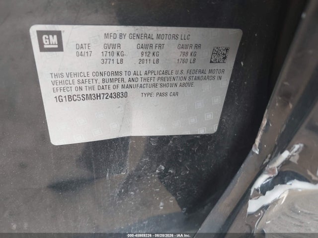 Aukcja sprzedaży 2017 Chevrolet Cruze Ls Auto, vin: 1G1BC5SM3H7243830, numer aukcji: 45989226