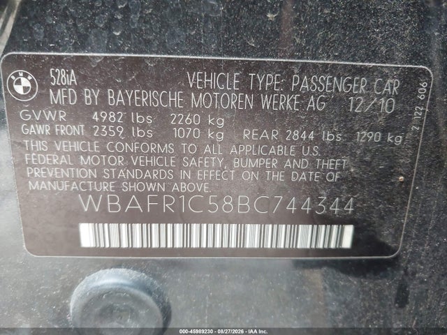 2011 Bmw 528i მანქანა იყიდება აუქციონზე, vin: WBAFR1C58BC744344, აუქციონის ნომერი: 45989230