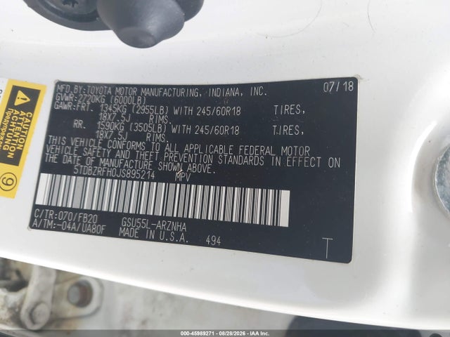 Продаж на аукціоні авто 2018 Toyota Highlander Le, vin: 5TDBZRFH0JS895214, номер лоту: 45989271