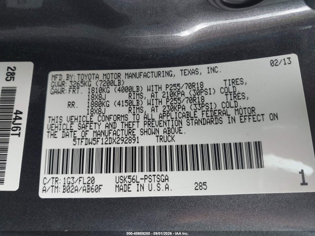 Продаж на аукціоні авто 2013 Toyota Tundra Grade 5.7l V8, vin: 5TFDW5F12DX292891, номер лоту: 45989280