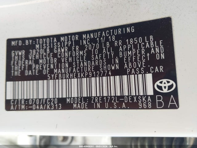 Продажа на аукционе авто 2019 Toyota Corolla Se, vin: 5YFBURHEXKP912774, номер лота: 45989281