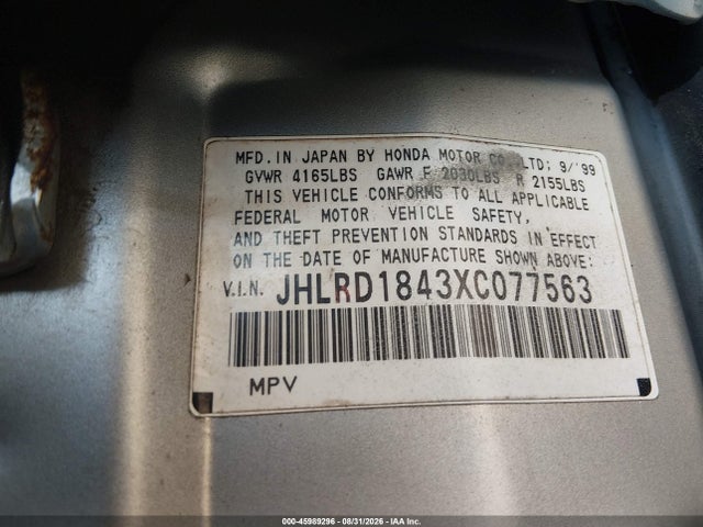 Aukcja sprzedaży 1999 Honda Cr-v Lx, vin: JHLRD1843XC077563, numer aukcji: 45989296