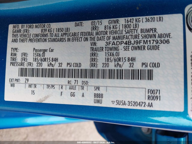 Aukcja sprzedaży 2015 Ford Fiesta Se, vin: 3FADP4BJ9FM179306, numer aukcji: 45989302